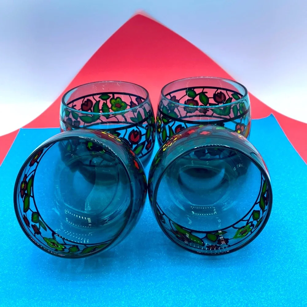 Mid Century Aqua Flower Roly Poly Lowball Tumblers Set Of 4